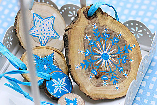圣诞装饰,小片,树干,涂绘,蓝色,白色,星
