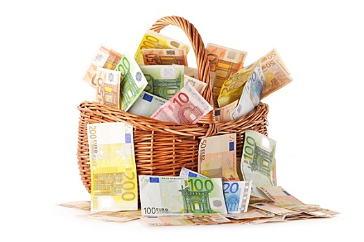 构图,欧元,货币,柳条篮