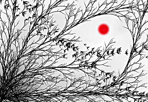 夕阳西下,群燕归巢,中国风水彩背景装饰画