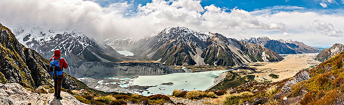 远足,站立,石头,风景,山谷,结冰,湖,库克山国家公园,坎特伯雷地区,南岛,新西兰,大洋洲