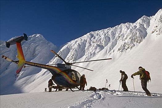 边远地区,极限,滑雪者,卸下,直升飞机,高,楚加奇山,阿拉斯加,冬天