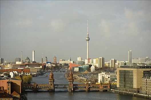 风景,德国,桥,背景,天际线,电视塔,柏林