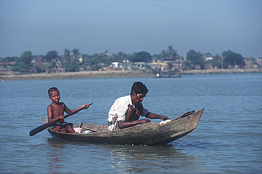 男孩,帮助,父亲,小,渔船,孟加拉,乡村,区域,许多,运输,水系,达卡