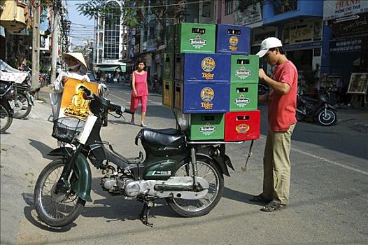运输,啤酒,板条箱,摩托车,胡志明市,西贡,越南