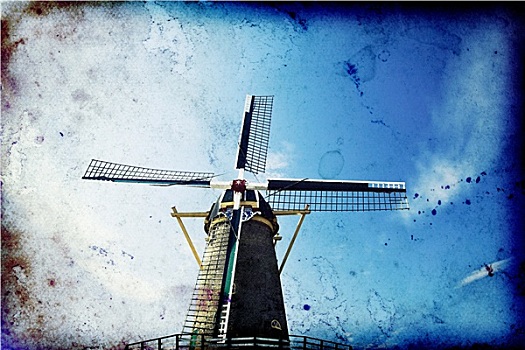 旧式,照片,荷兰人,风车,正面,蓝天
