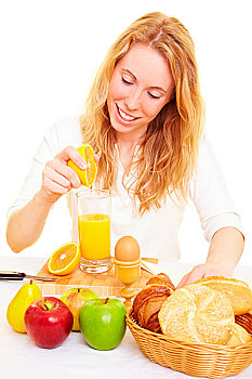 女人,早餐桌,挤,新鲜,橙汁