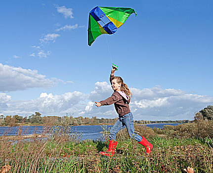 女孩,放风筝,下萨克森,德国,欧洲