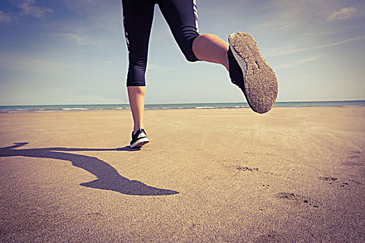 健身,女人,慢跑,沙子,海滩