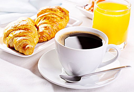 早餐,咖啡杯,牛角面包,橙汁