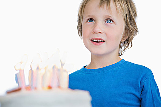 可爱,小男孩,生日蛋糕,上方,白色背景