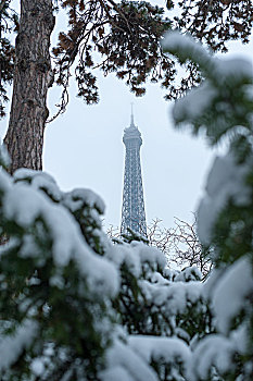 法国巴黎艾菲尔铁塔雪景