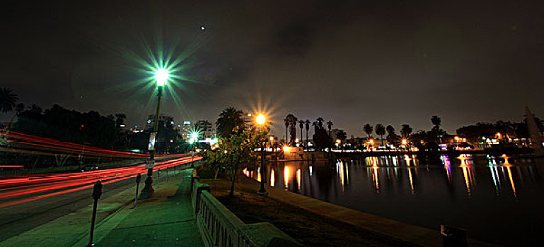 夜晚,公园,湖,洛杉矶,加利福尼亚
