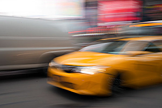模糊,风景,黄色出租车,搬进,时代广场,曼哈顿,纽约,美国
