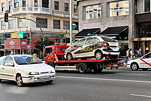 警车,拖车,市中心,马德里,西班牙,欧洲