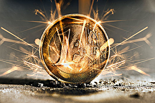 烧,1欧元,硬币,火花,象征,欧元,危机