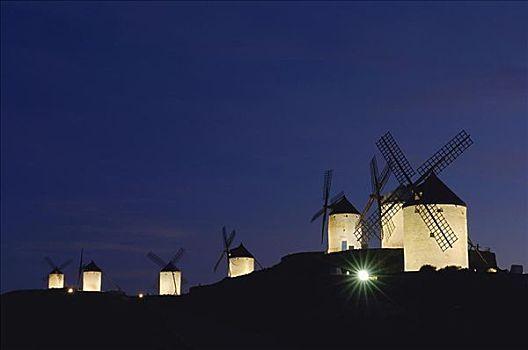 风车,夜晚,卡斯蒂利亚,拉曼查,普罗旺斯,西班牙