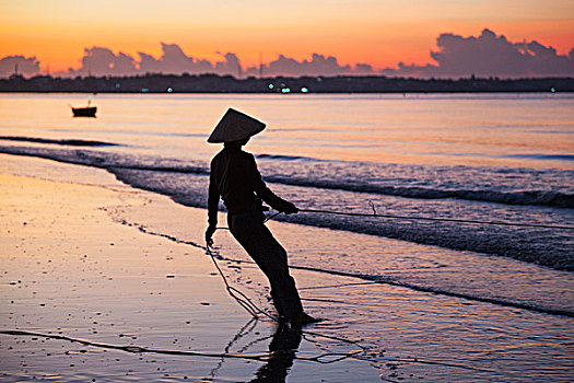 越南,美尼,海滩,网,女渔者,黎明