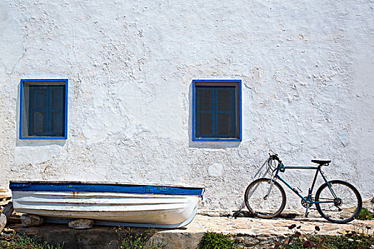 地中海,船,自行车,白墙,白色,蓝色,巴利阿里群岛