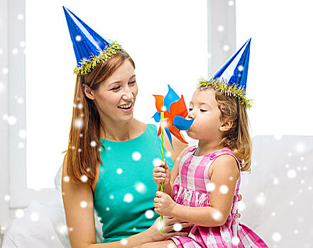 家庭,孩子,休假,人,概念,高兴,母女,蓝色,派对帽,纸风车,玩具