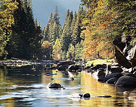 加利福尼亚,内华达山脉,优胜美地国家公园,秋色,反射,默塞德河,优胜美地山谷,大幅,尺寸