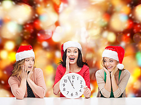圣诞节,圣诞,冬天,高兴,概念,三个,微笑,女人,圣诞老人,帽子,钟表,展示