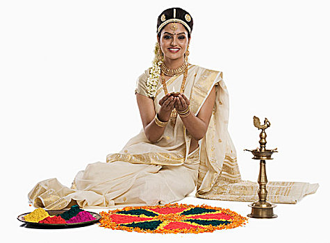 印第安女人,传统服装,祈祷,油灯,节日