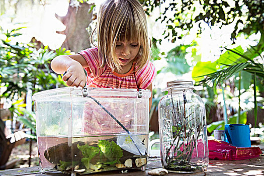 女孩,舀,渔网,塑料制品,蝌蚪,水塘,花园桌