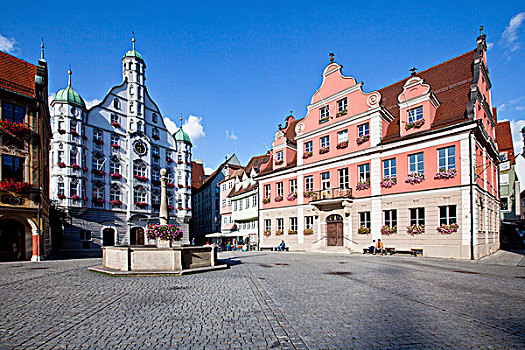 城镇,市场,喷泉,建筑,右边,迈明根,斯瓦比亚,巴伐利亚,德国,欧洲
