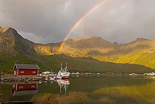 彩虹,上方,靠近,渔船,反射,岛屿,挪威,欧洲