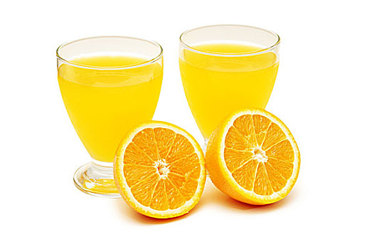 两个,玻璃杯,橙汁,橙子,隔绝,白色背景
