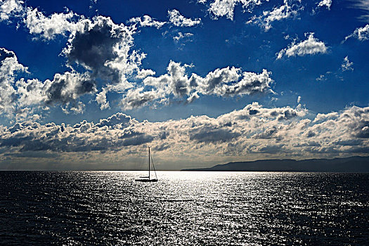 航行,游艇,浪漫,多云,气氛,埃奥利群岛,西西里,意大利,欧洲