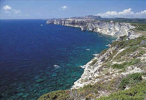 白垩断崖,石头,靠近,博尼法乔,地中海,南方,海岸,科西嘉岛,法国,欧洲