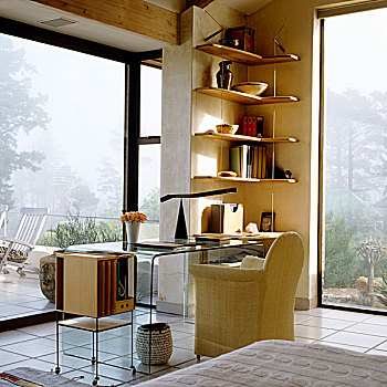 书桌,全景,扶手椅,玻璃桌,架子,角,房间,窗户
