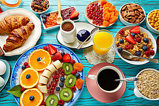 早餐,自助餐,健康,咖啡,橙汁,水果沙拉,牛角面包