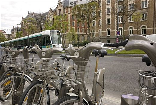 法国,巴黎,社区,自行车,有轨电车,背景
