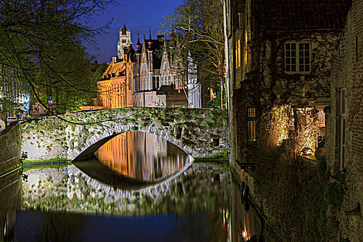 夜景,中世纪,建筑,城市,中心,反射,特色,运河,布鲁日,西佛兰德省,比利时,欧洲