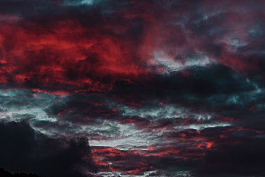 红色,落日,云,蓝色