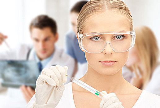 卫生保健,科学,医疗,实验室,概念,女性,科学家,眼镜,拿着,体温计