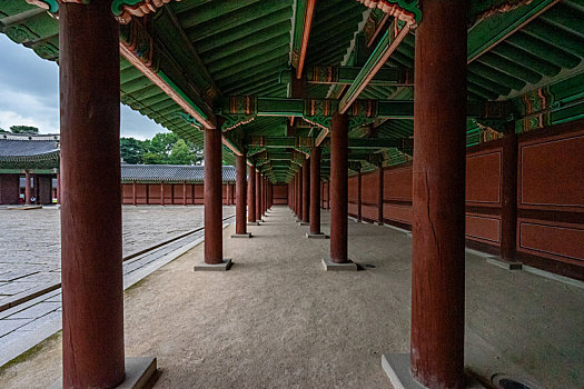 韩国首尔昌德宫仁政殿外红色围廊