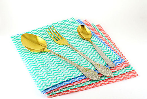 老,叉子,勺子,彩色,餐巾