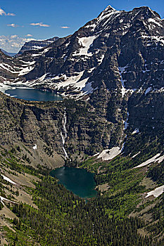 俯视,湖,海狸,首领,瀑布,冰川国家公园,蒙大拿,美国