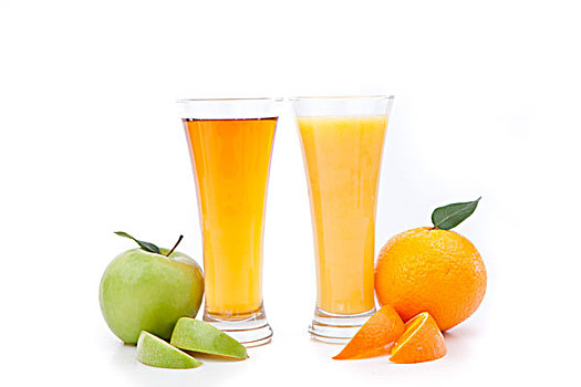 橙汁,苹果汁,白色背景