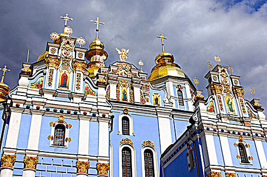 圣徒,天蓝色,漂亮,基督教,大教堂,金色,圆顶,基辅,乌克兰,东欧,生动,阴天