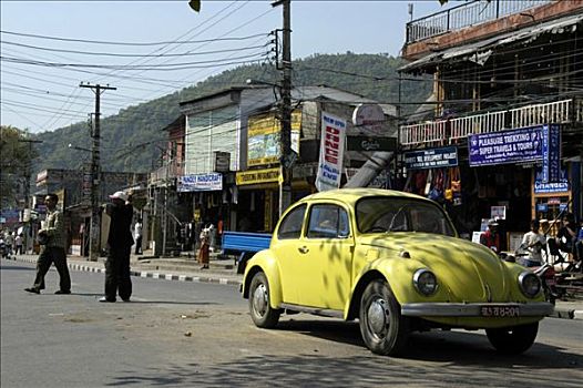 大众汽车,黄色,甲壳虫汽车,街上,波卡拉,尼泊尔