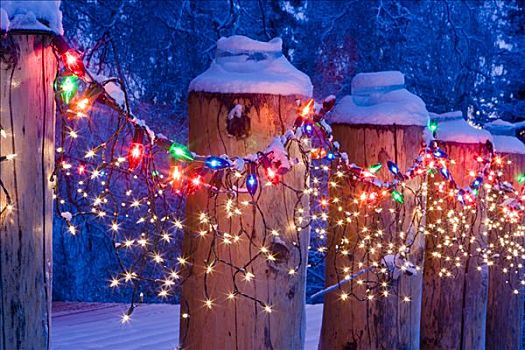 特写,圣诞灯光,原木上,小屋,门廊,栏杆,黎明,靠近,费尔班克斯,阿拉斯加,冬天