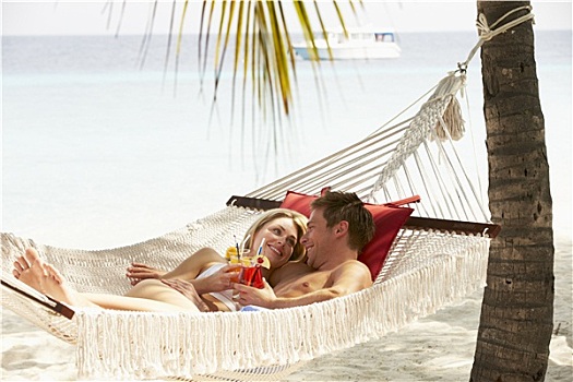浪漫,情侣,放松,海滩,吊床