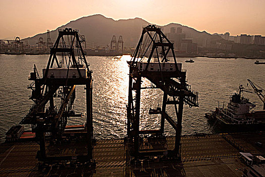 日落,上方,集装箱码头,香港