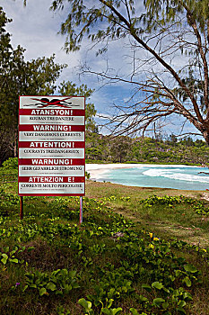 警告标识,危险,禁止游泳,海滩,拉迪格岛,塞舌尔,非洲,印度洋