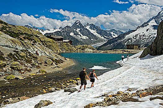 旅游,雪原,高山湖,顶峰,国家,自然保护区,休憩之所,山区木屋,后面,夏蒙尼,上萨瓦,法国,欧洲