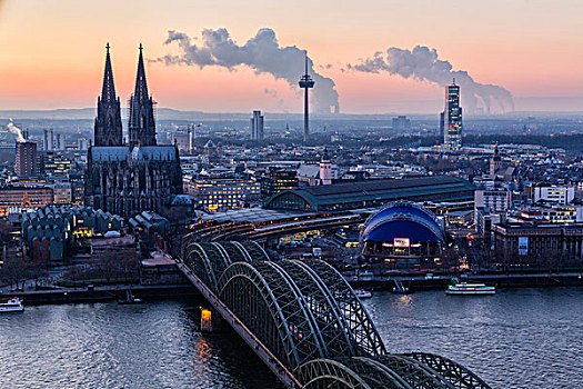 霍亨索伦,铁路,桥,俯视,莱茵河,科隆大教堂,黄昏,科隆,德国